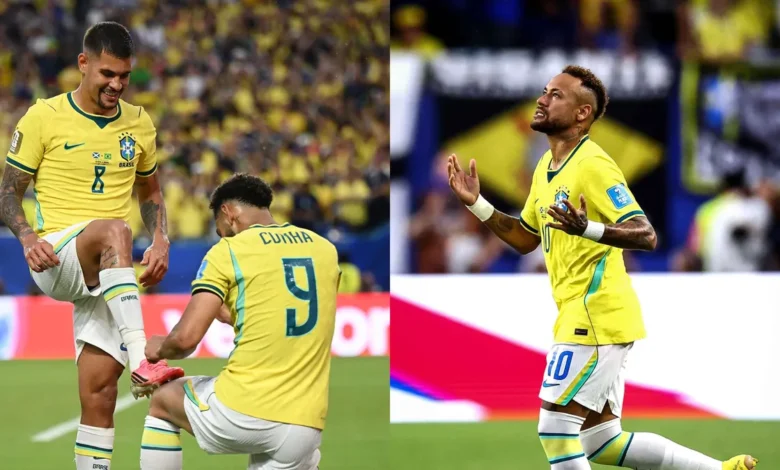 Jugadores de Brasil celebran su victoria sobre Escocia en el Mundial