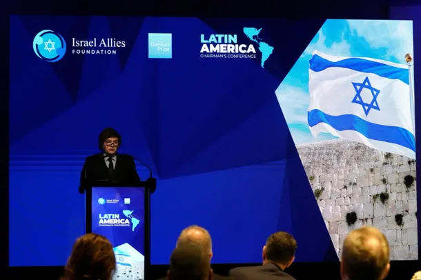 Imagen del presidente Javier Milei durante la Conferencia de Latinoamérica de la Fundación Aliados de Israel