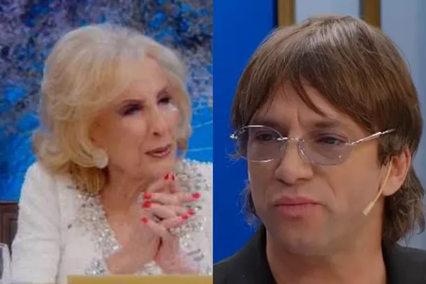 Joaquín Levinton y Mirtha Legrand sonriendo en la mesa de su programa
