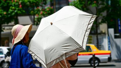 Persona paseando con un paraguas en la calle