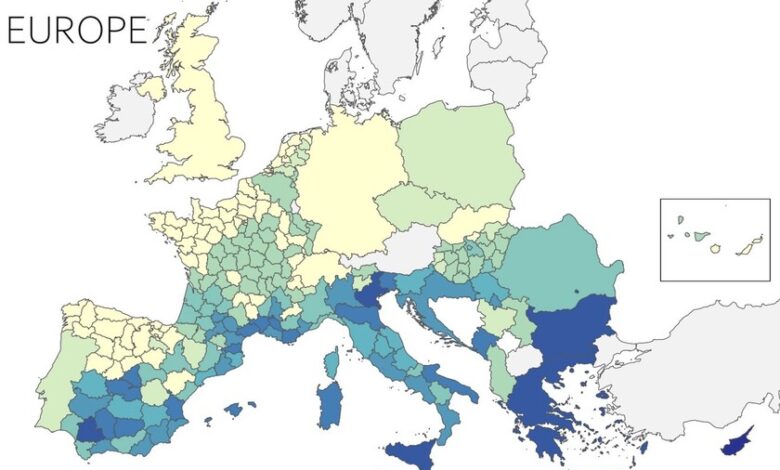 Mapa de Europa con la penetración del aire acondicionado en diferentes regiones