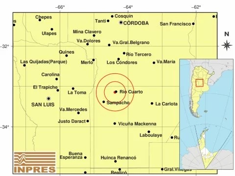 Mapa de la provincia de Córdoba con epicentros de sismos
