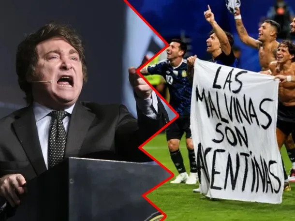 Bandera argentina con el lema Las Malvinas son argentinas
