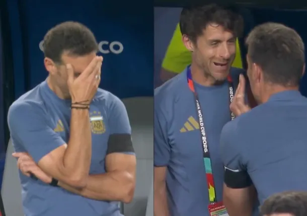 Lionel Scaloni en el banco de suplentes, dirigiendo a la Selección Argentina durante un partido del Mundial 2026