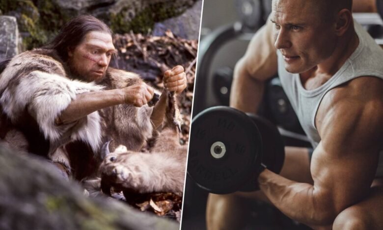 Ilustración de un neandertal en acción, con una manta de fuerza y resistencia en el fondo