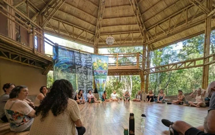 Participantes de la residencia transdisciplinaria en un espacio al aire libre, rodeados de naturaleza
