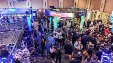 Foto del Complejo Ferial Córdoba preparado para la ExpoMov 2024 con stands de equipos de gimnasio