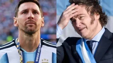 Imagen de Javier Milei y Lionel Messi con la bandera argentina de fondo