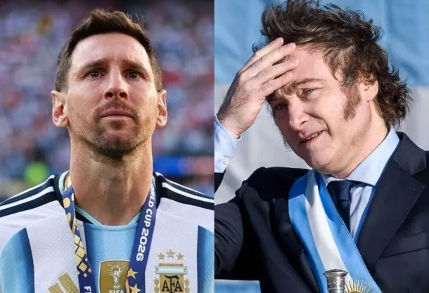 Imagen de Javier Milei y Lionel Messi con la bandera argentina de fondo