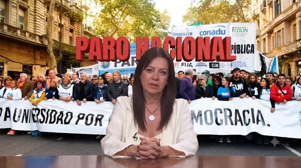 Imagen de estudiantes y docentes reunidos en una universidad, con pancartas que dicen 'Paro Universitario'