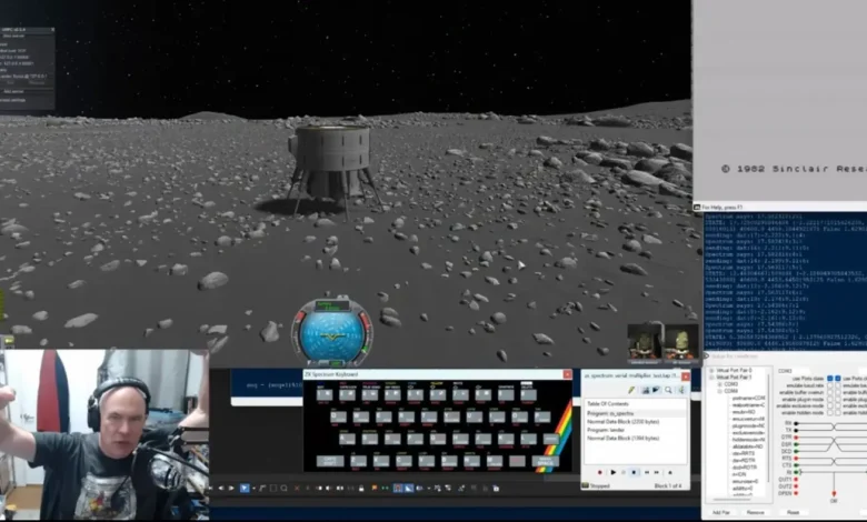Imagen de un ZX Spectrum en acción, conectado a una simulación espacial