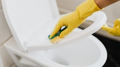 Persona bajando la tapa del inodoro mientras se activa la cadena