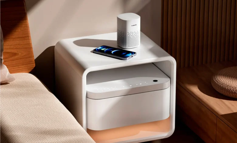 Mesita de noche inteligente de Xiaomi con superficie de madera, luz LED y puertos de carga