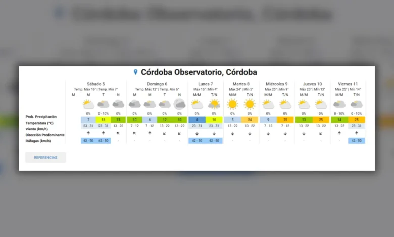 Mapa del pronóstico del Servicio Meteorológico Nacional que muestra frío polar y posible aguanieve en Córdoba